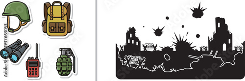 A collection of military-themed vector stickers and silhouettes, including equipment like helmets, tanks, and grenades alongside a battlefield silhouette and memorial symbols like the poppy.