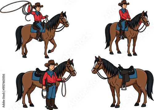 Western cowboy riding horse and standing with lasso flat vector illustration set isolated, ranch rodeo character collection in classic country style