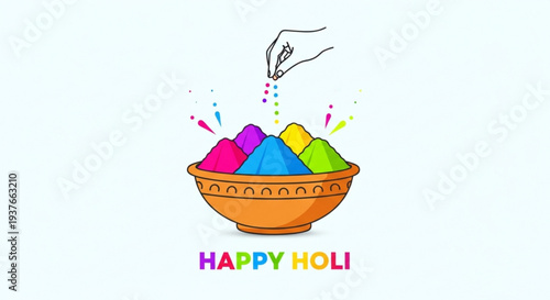 Vibrant holi celebration with colorful powders in a traditional bowl and hand throwing colors on a light background