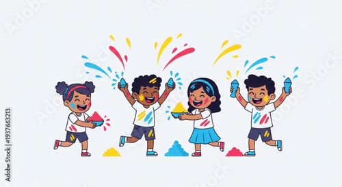 Four diverse children playfully celebrating holi with colorful powder and water