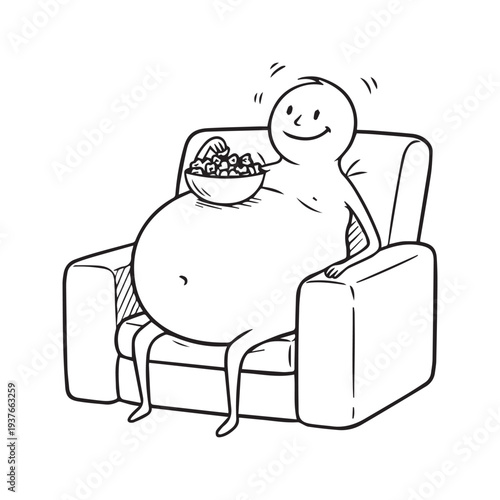 Stick Figure with Large Belly Sitting in Armchair Eating Snacks - Funny Cartoon Illustration of Overeating and Relaxation
