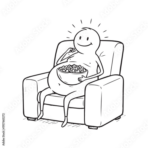 Stick Figure with Large Belly Sitting in Armchair Eating Snacks - Funny Cartoon Illustration of Overeating and Relaxation
