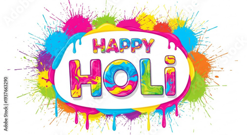 Vibrant happy holi festival greeting with colorful paint splatters and textured background