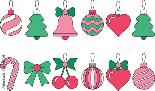 Cute Christmas Ornaments Vector Set Featuring Baubles Candy Cane Heart and Tree Decorations for Holiday Design