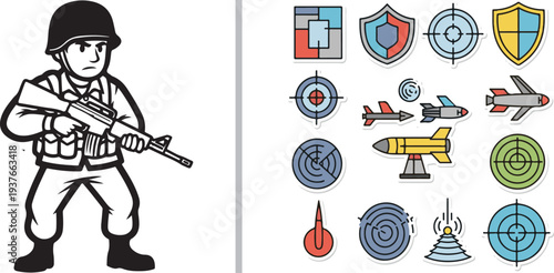 A vector illustration featuring a cartoon soldier with a rifle alongside a set of military icons, including shields, targets, missiles, and radar symbols. Clean line art with a professional feel.