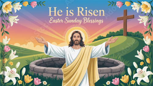 Jesus christ standing with arms outstretched in front of an empty tomb on easter sunday morning with a cross and flowers