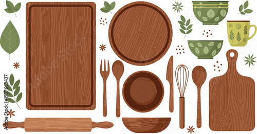 Wooden kitchen utensils and cutting boards set – rustic cooking tools illustration