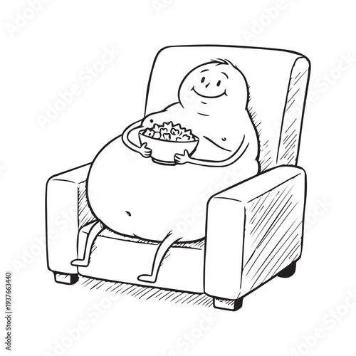 Stick Figure with Large Belly Sitting in Armchair Eating Snacks - Funny Cartoon Illustration of Overeating and Relaxation
