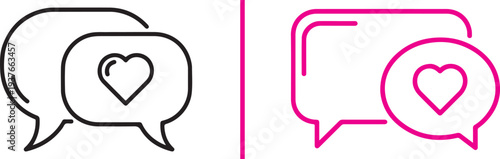 A minimalist vector icon set featuring overlapping speech bubbles and hearts in black and green line art. It represents positive digital communication, social media likes, and caring dialogue.
