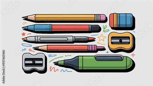Colorful school supplies pencils pens erasers and sharpeners on white background educational tools