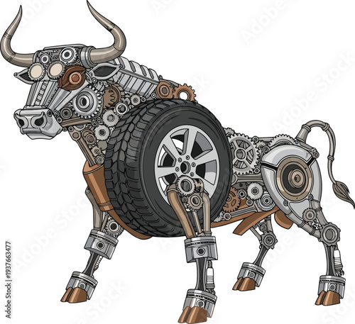 Mechanical bull illustration made of gears and car parts, steampunk robotic animal concept