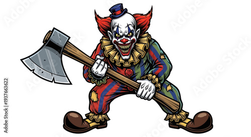 Scary Killer Clown with Axe - Horror Character Illustration