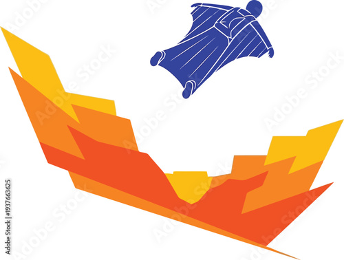 Wingsuit Flyer Gliding Over Abstract Mountain Peaks Vector Illustration