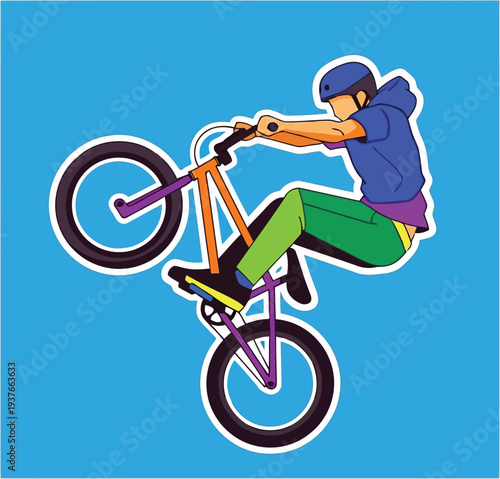 Colorful BMX Rider Performing Stunt Wheelie Illustration on Blue Background