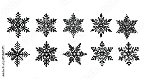 Collection of ten unique black and white stylized snowflake vector illustrations for winter design projects