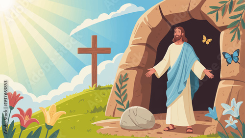 Jesus christ emerging from an empty tomb with a cross flowers and butterflies symbolizing resurrection and new life