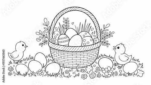 Easter basket with eggs and chicks in grassy field with flowers and foliage