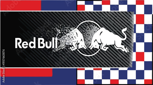 Dynamic Red Bull Inspired Abstract Banner with Racing Checkered Pattern and Bold Colors