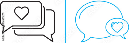 A comprehensive set of minimalist vector icons featuring speech bubbles, heart symbols, and user profiles in various colors and line styles, representing digital romance and social connection.