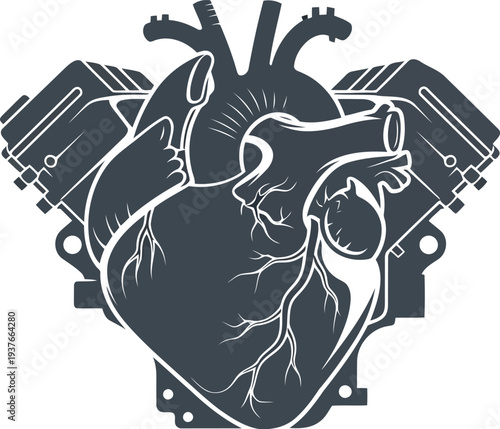 Mechanical Heart Illustration with Engine Pistons – Monochrome Vector Concept for Automotive and Medical Design