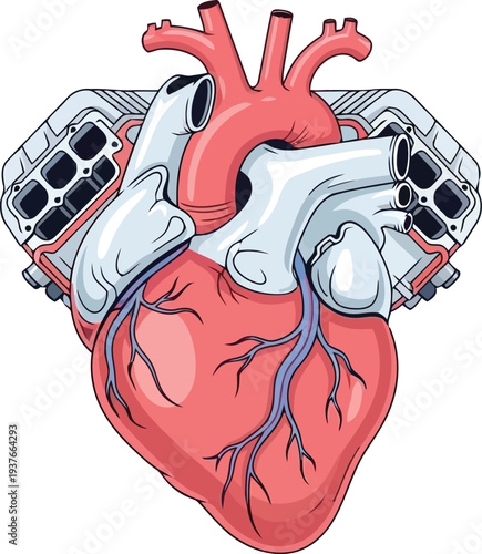 Mechanical heart illustration with engine elements, fusion of anatomy and technology, vector art concept