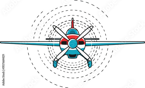 Vector illustration of vintage propeller airplane front view with spinning motion lines