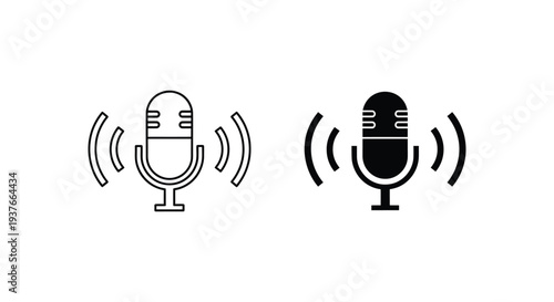 Simple line and filled-style vector microphone icons with sound waves for podcast and audio graphic design