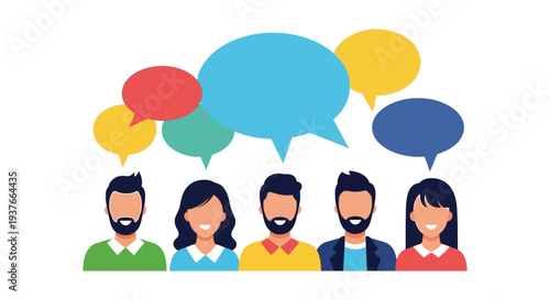 Diverse group of people engaging in online communication and discussion using colorful speech bubble illustrations.