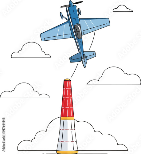 Aerobatic Airplane Performing Stunt Over Pylon in Cloudy Sky Vector Illustration