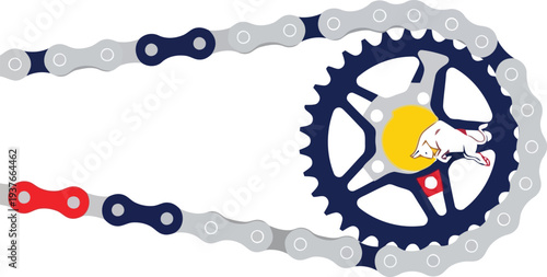 Bicycle Chain and Gearwheel Vector Illustration with Cat Mascot and Colorful Links