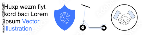 Identity security, modern transportation, business partnership, digital safety, urban mobility, teamwork. Blue fingerprint shield, electric scooter handshake icon. Identity security and modern