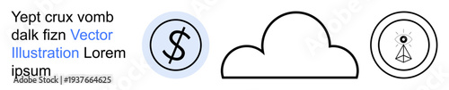 Digital security, cloud computing, data storage, financial management, surveillance, connectivity. A cloud icon surrounded by a dollar symbol and an eye emblem. Digital security and cloud computing
