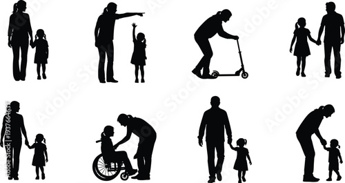 Silhouettes of adults with children, caregiving interaction, holding hands, wheelchair support, guidance activity, family bonding, expressive posture illustration