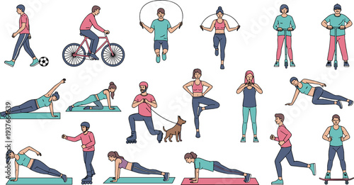 People doing fitness exercises flat vector illustration set with running cycling yoga push ups and home workout activities
