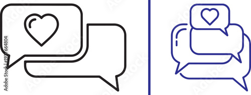 A comprehensive set of minimalist vector icons featuring speech bubbles, heart symbols, and user profiles in various colors and line styles, representing digital romance and social connection.
