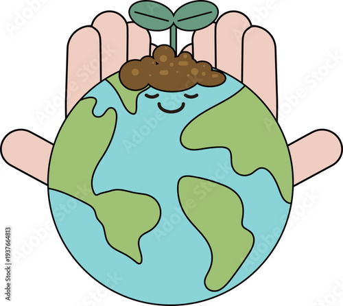 지구 캐릭터와 흙더미에 피는 새싹을 보호하는 손