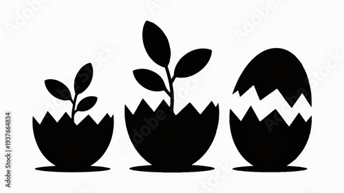 Three black silhouettes of seedlings emerging from cracked eggshells on white background symbolizing growth and new life