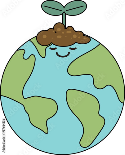 지구 캐릭터와 흙더미에 피는 새싹