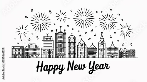 Happy new year celebration with fireworks over city skyline at night