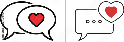 A diverse collection of minimalist vector icons featuring speech bubbles, heart symbols, and user avatars in various line styles and colors, representing digital romance and social connection.