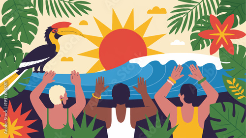 Three people celebrating with arms raised in a tropical setting with a toucan and vibrant flowers at sunset