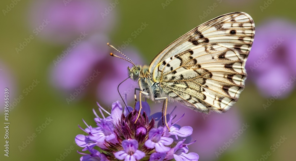 Fototapeta premium A delicate butterfly with intricate patterns on its wings is perched on a vibrant purple flower, surrounded by a lush green meadow.