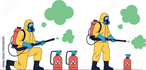 Pest control worker in hazmat suit spraying disinfectant flat vector illustration with fumigation equipment and chemical containers