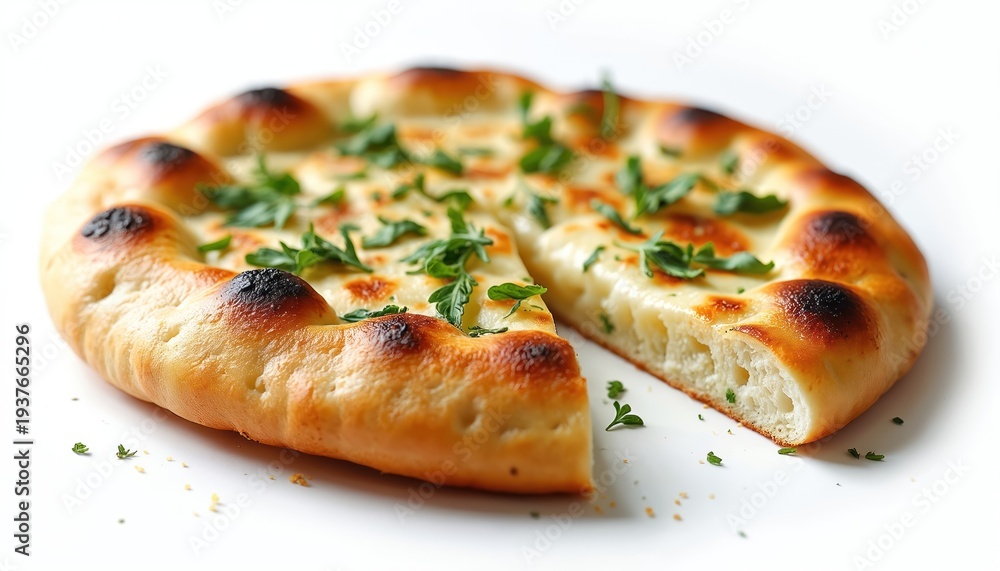 Obraz premium Golden brown garlic naan bread is topped with fresh green herbs. The baked flatbread has a golden crust with charred spots. It is served on a clean white background.