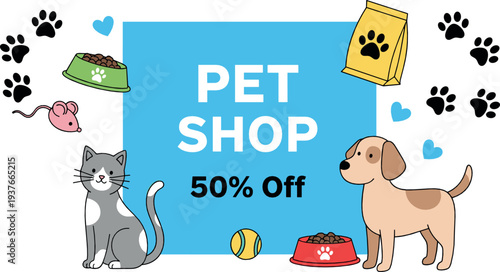 Pet shop sale banner flat vector illustration with cat dog paw prints food bowl toys and fifty percent discount promotion