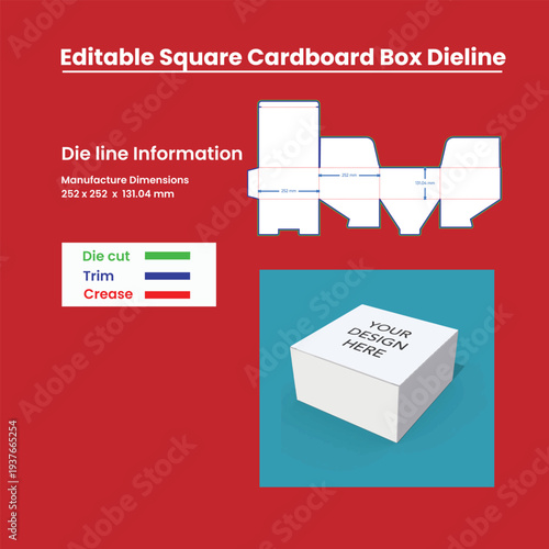 Editable Square Cardboard Box Dieline Template With Dimensions And Legend packaging