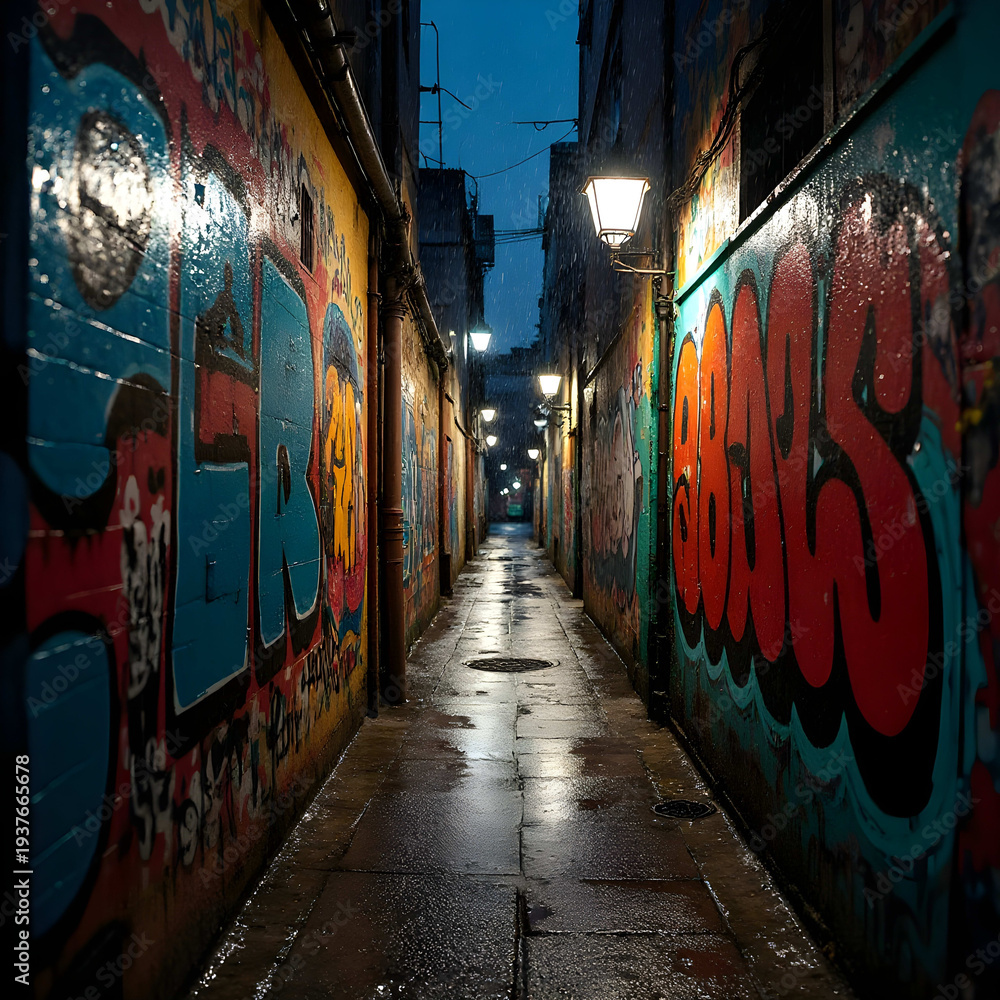 Obraz premium Rainy Graffiti Alley: Vibrant Street Art Reflections at Night