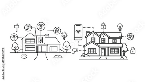 Smart home technology line art concept with connected internet devices