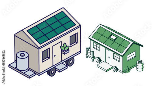 Isometric tiny house trailer with green roof and solar panels