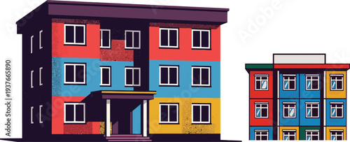 Colorful flat vector illustration of modern residential apartment building